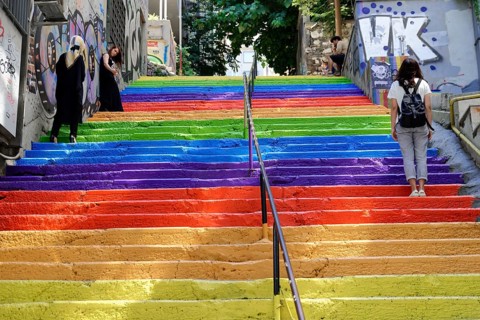 Tourists, painted staircase in rainbow colours, Istanbul, European part, Istanbul province, Turkey,
