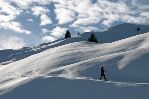 Snowshoe hiking in the Beverin nature park Park, Graubuenden, Switzerland, Europe