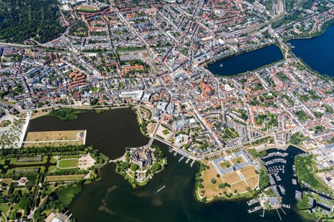 Aerial view, Schwerin, castle, city centre, state capital, lake, Mecklenburg-Western Pomerania,
