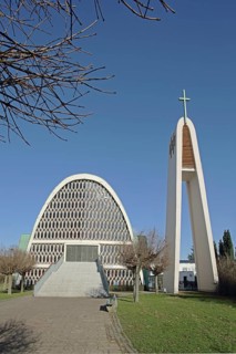 Modern Church of the Holy Spirit with tower, Biebrich, Wiesbaden, Taunus, Hesse, Germany, Europe