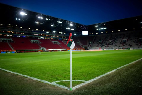 WWK Arena, interior, corner flag, logo, FC Augsburg FCA, empty, blue hour, Augsburg, Bavaria,