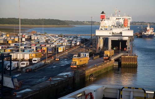 Port activity unloading ferry ship at Harwich International, Essex, England, United Kingdom, Europe