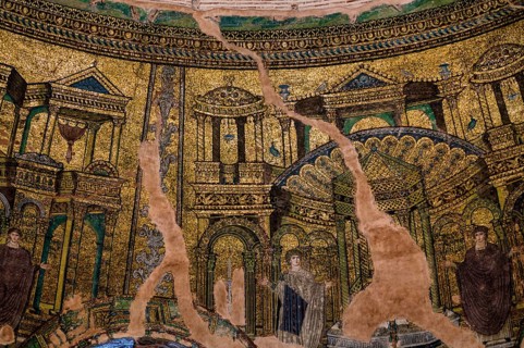 Interior view of Rotonda, rotunda of Galerius, Roman round temple, dome with wall mosaic,
