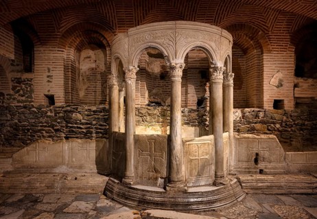 Interior view of the crypt, remains of the Roman baths, Hagios Demetrios church, also known as
