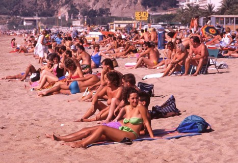 Crowded beach with sunbathers in Calella, Costa Brava, Barselona, Catalonia, Spain, Southern Europe