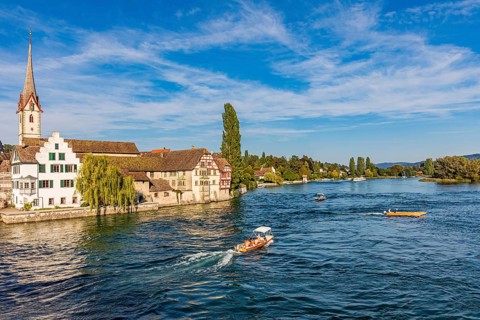 Boats on the Hochrhein near Stein am Rhein, Rhine, Lake Constance, Canton Schaffhausen,