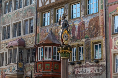 Stein am Rhein, historic old town, mural painting, antique scenes, Gasthof zur Sonne, bay window,