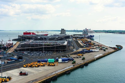 Queen Elizabeth II cruise terminal and Southampton Docks, Southampton, Hampshire, England, United