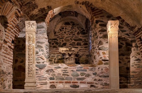 Interior view of the crypt, remains of the Roman baths, Hagios Demetrios church, also known as