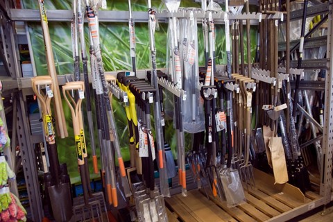 Garden forks and spades on sale in shop