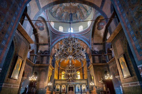 Interior view of Hagia Sofia church, also known as Agia Sofia, dome, altar, chandelier,