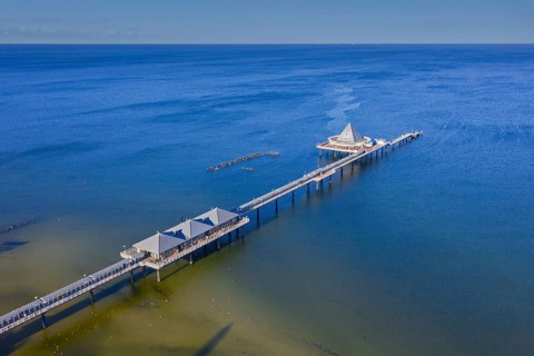 Heringsdorf Pier, Seebruecke Heringsdorf stretching out into the Baltic Sea on the island of
