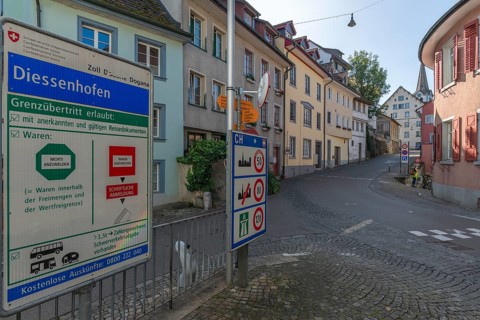 Old town of Dissenhofen am Rhein, border town, customs, information boards, district of Frauenfeld,