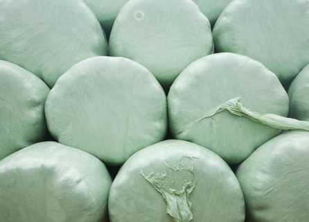 Close up of pile of green plastic bags storing grass for silage