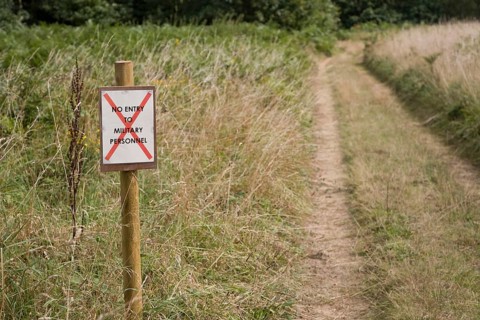No entry sign for military personnel sign on country path, Sutton, Suffolk, England, United