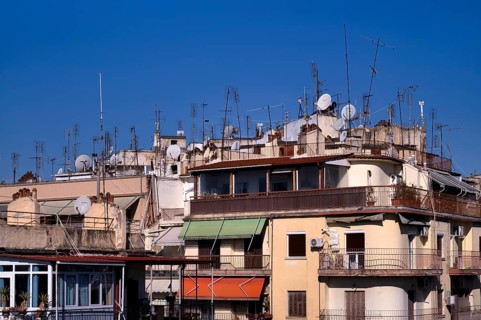 Residential buildings, antenna forest, roofs, roof terraces, roof antennas, Leonida Iasonidou