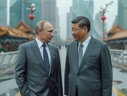 Russian President Vladimir Putin stands with General Secretary of China Xi Jinping, ai generated,