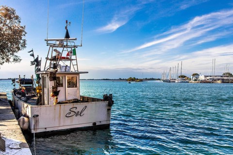 Fishing boat, island of the lagoon town of Grado, north coast of the Adriatic Sea, Friuli, Italy,