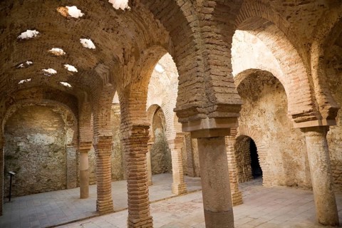 Star shaped skylights in vaulted roof of Arab Baths, Banos Arabes, Ronda, Spain, Europe
