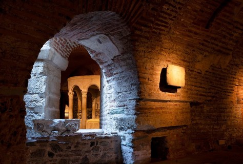 Interior view of the crypt, remains of the Roman baths, Hagios Demetrios church, also known as