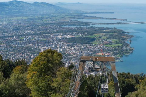 View from the Pfaender, 1064m, local mountain of Bregenz, cable car, mouth of the Rhine, Lake