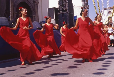 Group of flamenco dancers at street party in Velez-Malaga, Andalusia, Spain, Southern Europe.