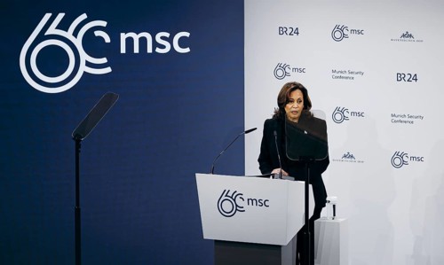 Kamala Harris, US Vice President, recorded during a speech at the Munich Security Conference (MSC)