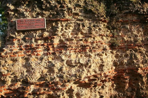 Detail of Roman brick building work in the Balkerne Gate, Colchester, Essex, England, United