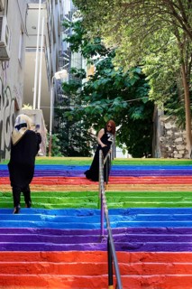 Tourists, painted staircase in rainbow colours, Istanbul, European part, Istanbul province, Turkey,