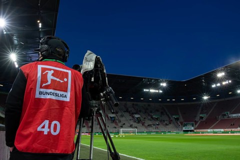 WWK Arena, FC Augsburg FCA, interior, TV camera, logo, Bundesliga, bib, red, blue hour, Augsburg,