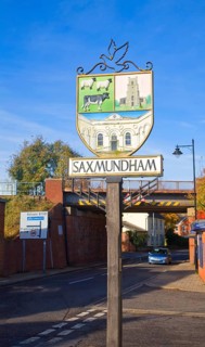 Town street and sign for Saxmundham, Suffolk, England, United Kingdom, Europe