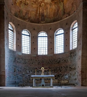 Interior view of Rotonda, Rotunda of Galerius, Roman round temple, altar, chancel, ceiling mosaic,