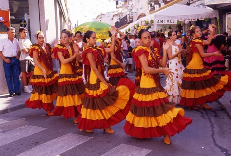 Girls from flamenco school perform at street party in Velez-Malaga, Andalusia, Spain, Southern