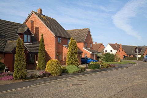 Modern suburban housing in private estate, Martlesham, Suffolk, England, United Kingdom, Europe