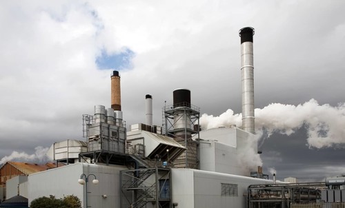 Steam rising from chimneys as sugar beet is processed at the British Sugar factory, Bury St