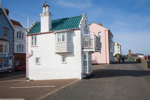 Tiny miniature seaside house called Fantasia on the seafront at Aldeburgh, Suffolk, England, United