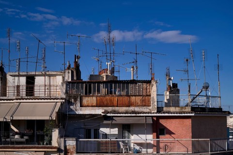Residential buildings, antenna forest, roofs, roof terraces, roof antennas, Leonida Iasonidou
