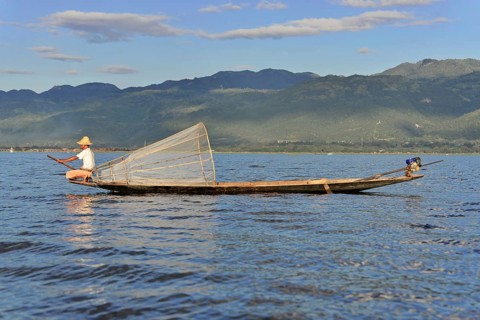 Intha fisherman, local man fishing with traditional conical fishing net, Inle Lake, Burma, Myanmar,
