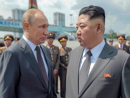 Russian President Vladimir Putin stands with President of Korea Kim Jong Un. AI generated