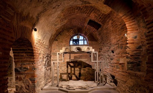 Interior view of the ambo, crypt, remains of the Roman baths, Hagios Demetrios Church, also known