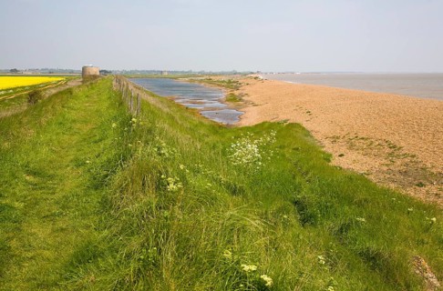 Shingle beach bar and lagoon formed by north to south longshore drift at Bawdsey, Suffolk, England,