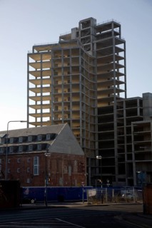 Unfinished since 2008 Credit Crunch concrete high rise building on the Waterside, Ipswich, England