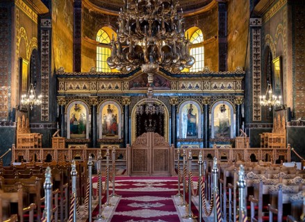 Interior view of Hagia Sofia church, also known as Agia Sofia, altar, chandelier, Thessaloniki,