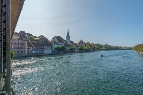 Border town of Dissenhofen on the Rhine, wooden bridge, townscape, Church of St Dionys, Frauenfeld