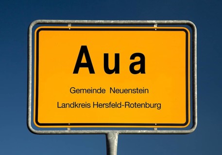 Place name sign Aua, part of the municipality of Neuenstein, district of Hersfeld-Rotenburg, Hesse,