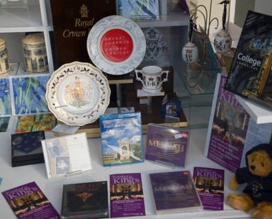 Shop window display of pottery and music DVDs from King's College, Cambridge, England, United