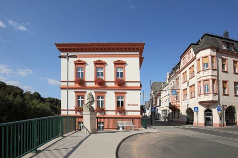 Town hall built in 1888 with Pallas Athena goddess of wisdom, monument, Athena, Weilburg, Taunus,