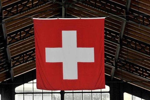 Swiss flag, Lake Geneva, Montreux, Canton of Vaud, Switzerland, Europe