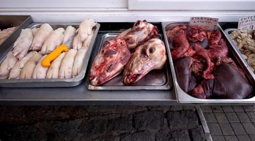 Display of fresh meat, butchery, sheep heads, offal, food, Kapani market, Vlali, Thessaloniki,