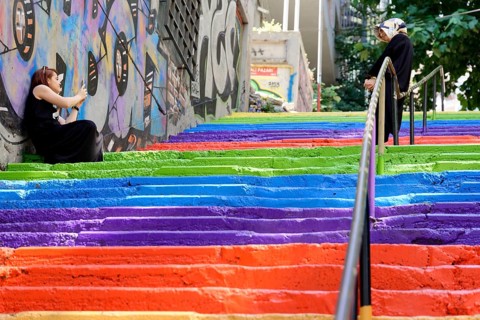 Tourists, painted staircase in rainbow colours, Istanbul, European part, Istanbul province, Turkey,